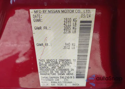 2014 Nissan Altima 2.5 S из США, поврежденный, VIN 1N4AL3AP4EN362695